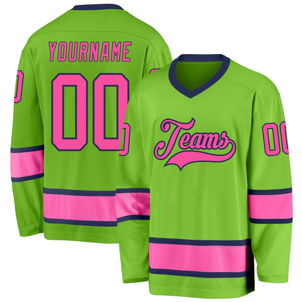 Usa Hockey Jersey, Custom Neon Green Pink Navy Hockey Jersey, Team Hockey Jerseys