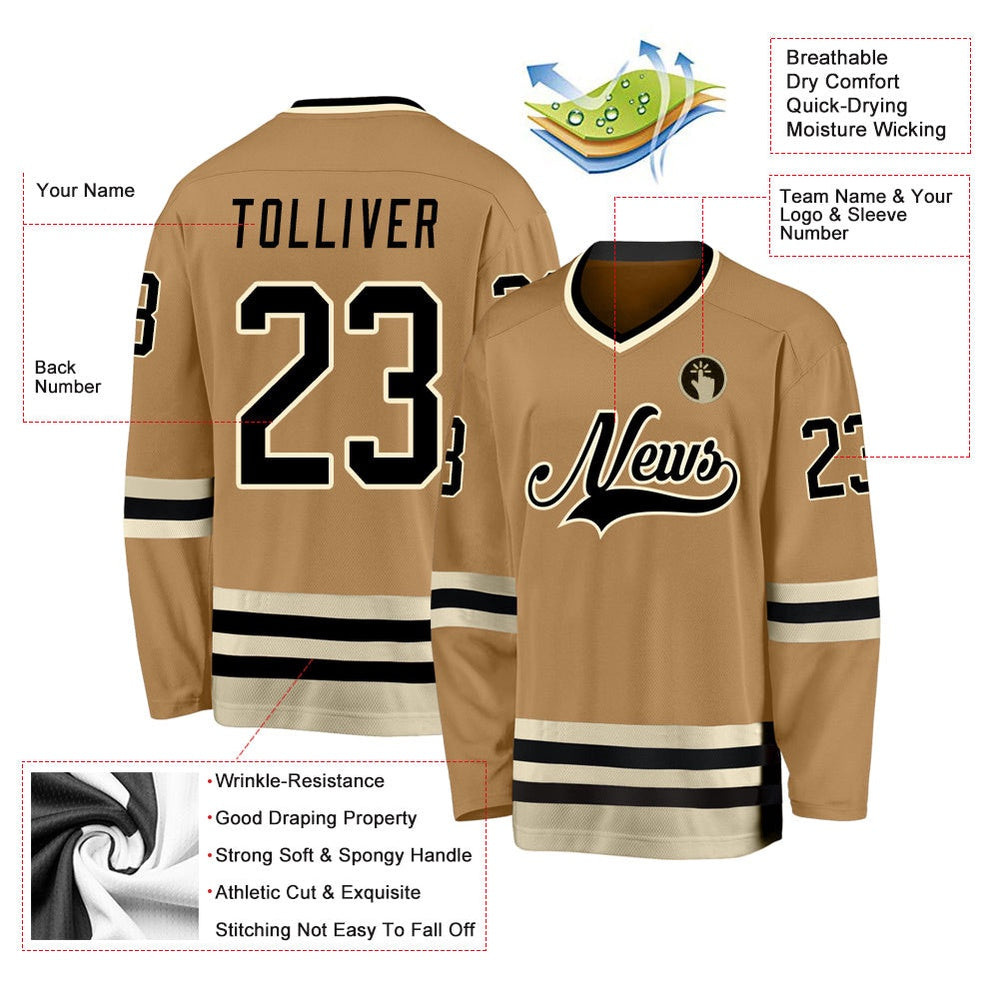 Usa Hockey Jersey, Custom Old Gold Black Cream Hockey Jersey, Team Hockey Jerseys