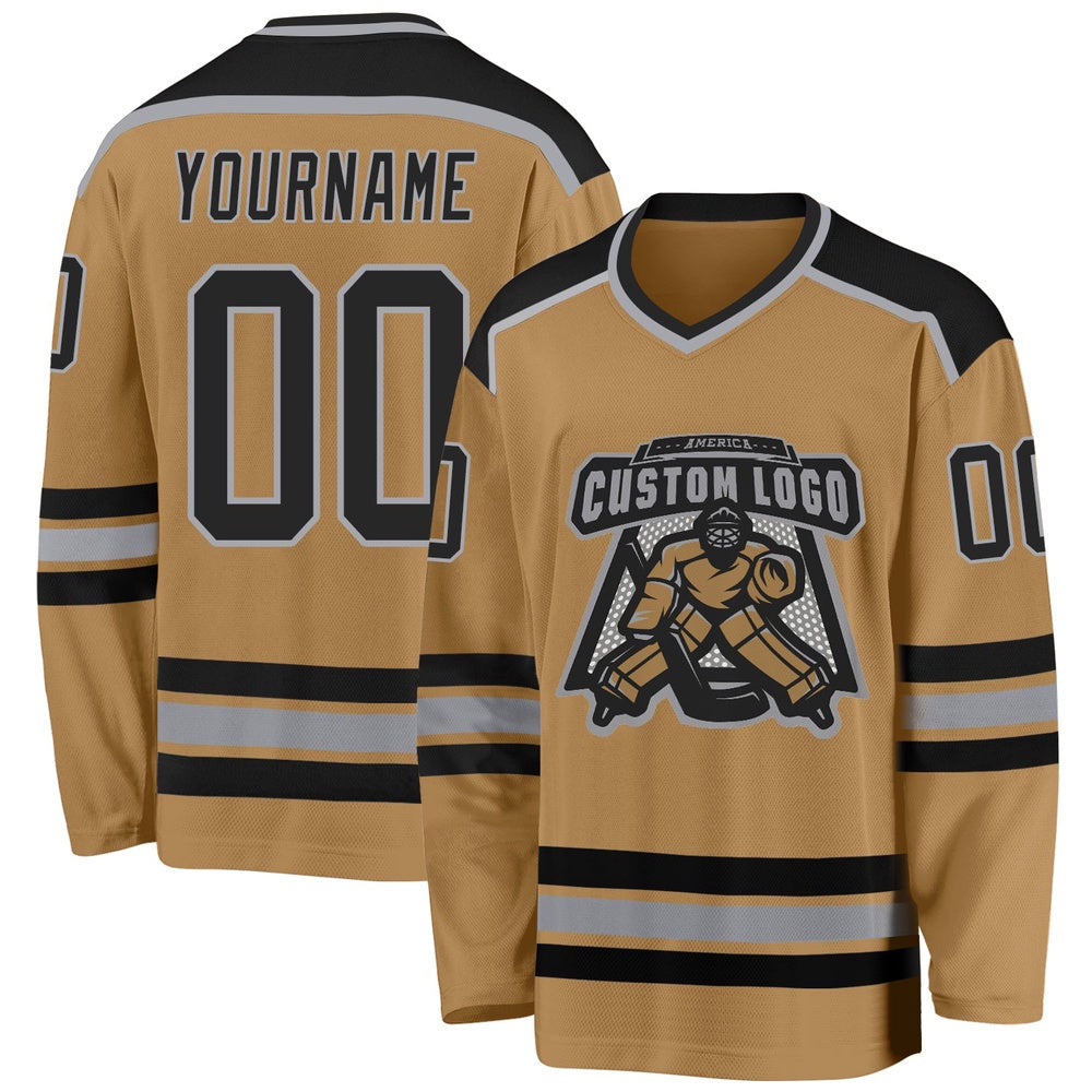 Usa Hockey Jersey, Custom Old Gold Black Gray Hockey Jersey, Team Hockey Jerseys
