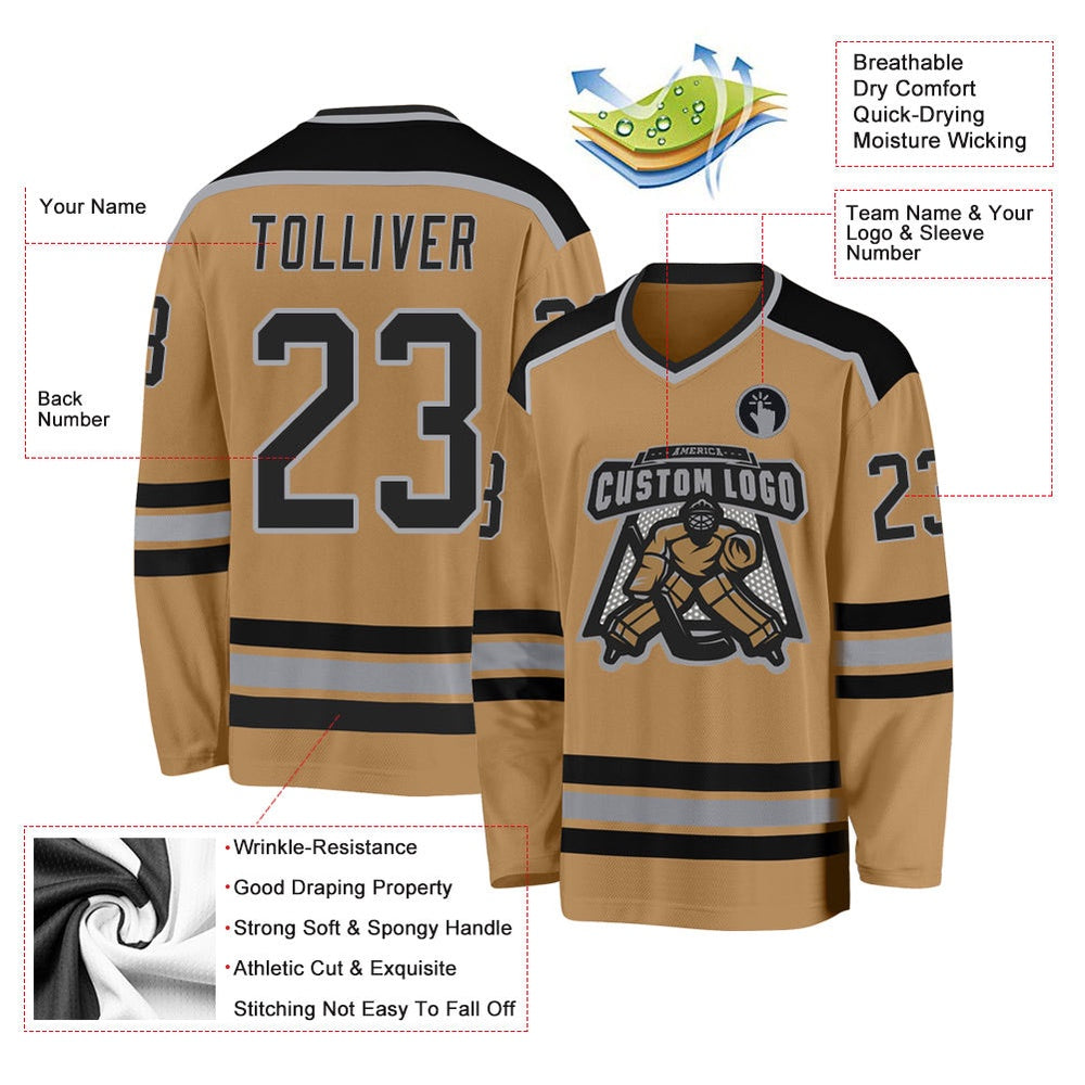 Usa Hockey Jersey, Custom Old Gold Black Gray Hockey Jersey, Team Hockey Jerseys