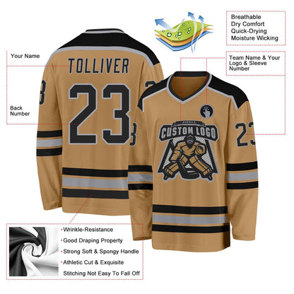 Usa Hockey Jersey, Custom Old Gold Black Gray Hockey Jersey, Team Hockey Jerseys
