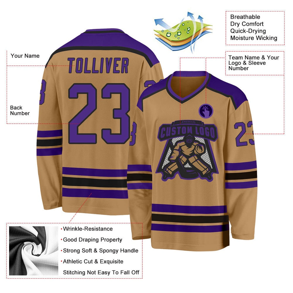 Usa Hockey Jersey, Custom Old Gold Purple Black 1 Hockey Jersey, Team Hockey Jerseys