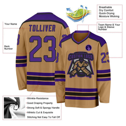 Usa Hockey Jersey, Custom Old Gold Purple Black 1 Hockey Jersey, Team Hockey Jerseys