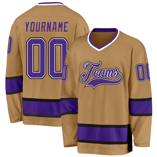 Usa Hockey Jersey, Custom Old Gold Purple Black Hockey Jersey, Team Hockey Jerseys