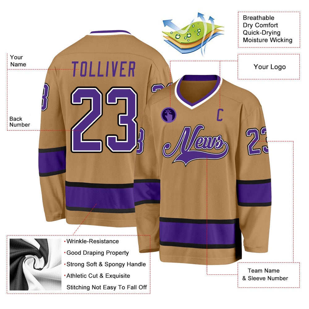 Usa Hockey Jersey, Custom Old Gold Purple Black Hockey Jersey, Team Hockey Jerseys