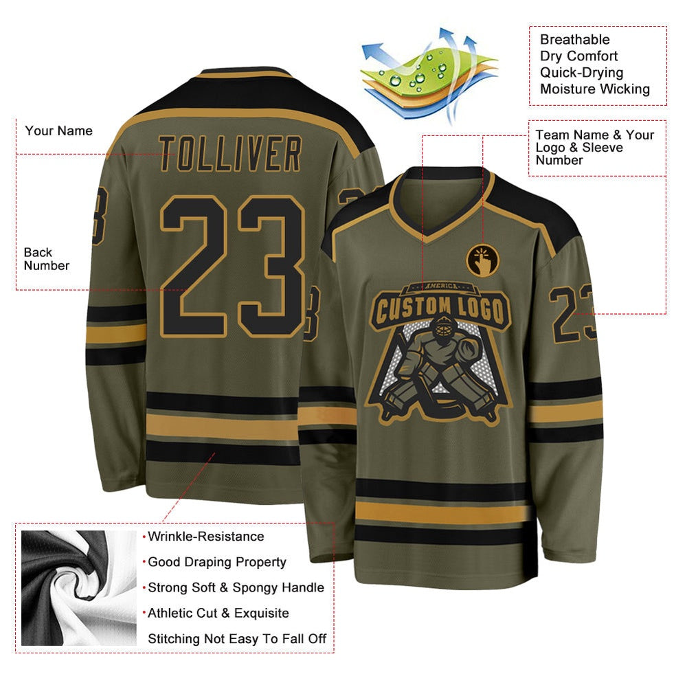 Usa Hockey Jersey, Custom Olive Black Old Gold Salute To Service 1 Hockey Jersey, Team Hockey Jerseys