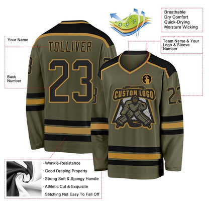 Usa Hockey Jersey, Custom Olive Black Old Gold Salute To Service 1 Hockey Jersey, Team Hockey Jerseys