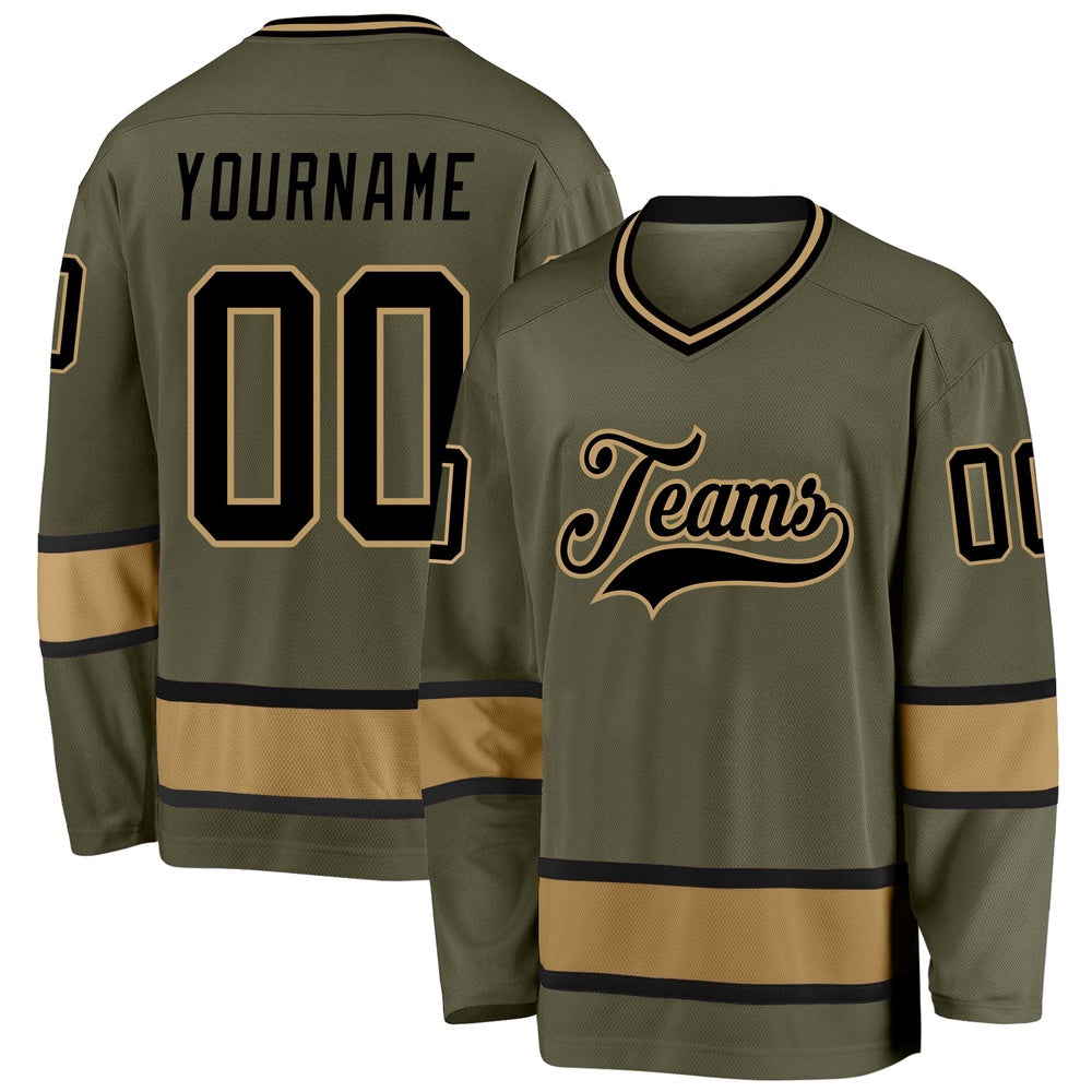 Usa Hockey Jersey, Custom Olive Black Old Gold Salute To Service 2 Hockey Jersey, Team Hockey Jerseys
