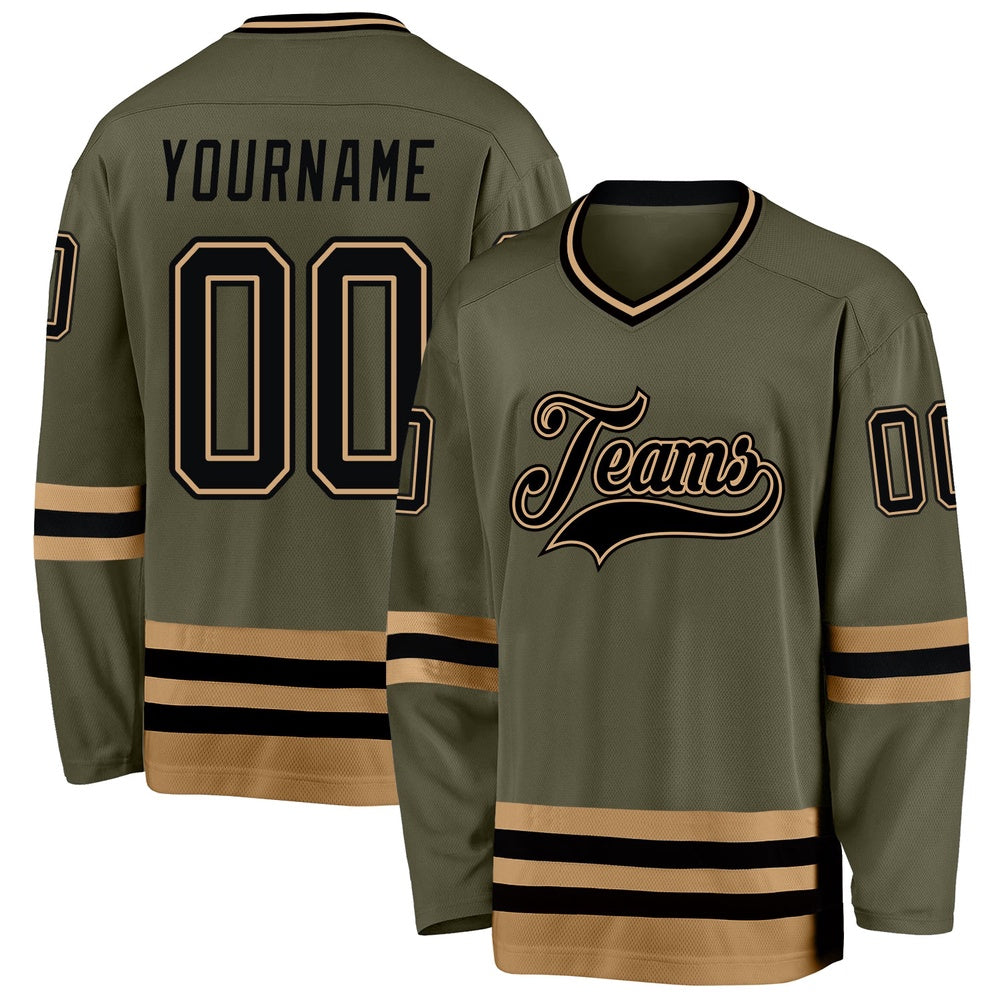 Usa Hockey Jersey, Custom Olive Black Old Gold Salute To Service Hockey Jersey, Team Hockey Jerseys