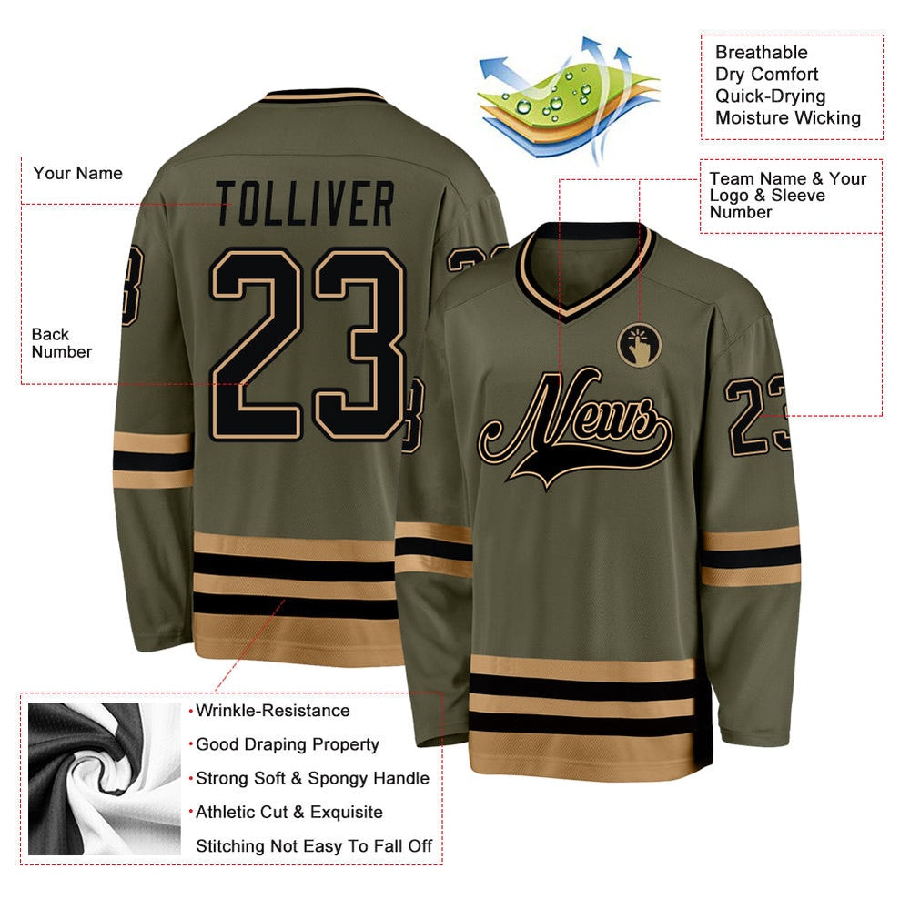 Usa Hockey Jersey, Custom Olive Black Old Gold Salute To Service Hockey Jersey, Team Hockey Jerseys