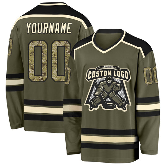Usa Hockey Jersey, Custom Olive Camo Black Cream Salute To Service Hockey Jersey, Team Hockey Jerseys