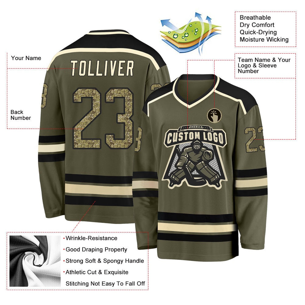 Usa Hockey Jersey, Custom Olive Camo Black Cream Salute To Service Hockey Jersey, Team Hockey Jerseys