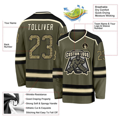 Usa Hockey Jersey, Custom Olive Camo Black Cream Salute To Service Hockey Jersey, Team Hockey Jerseys