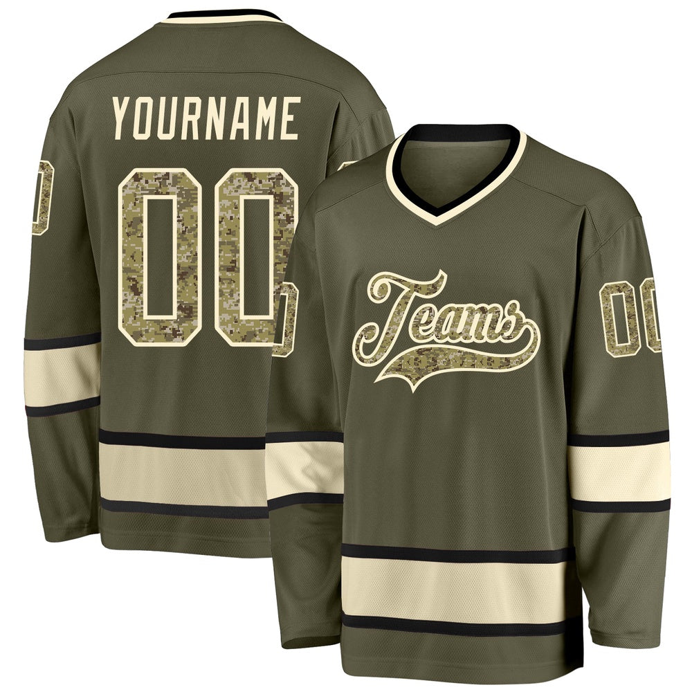 Usa Hockey Jersey, Custom Olive Camo Cream Salute To Service Hockey Jersey, Team Hockey Jerseys