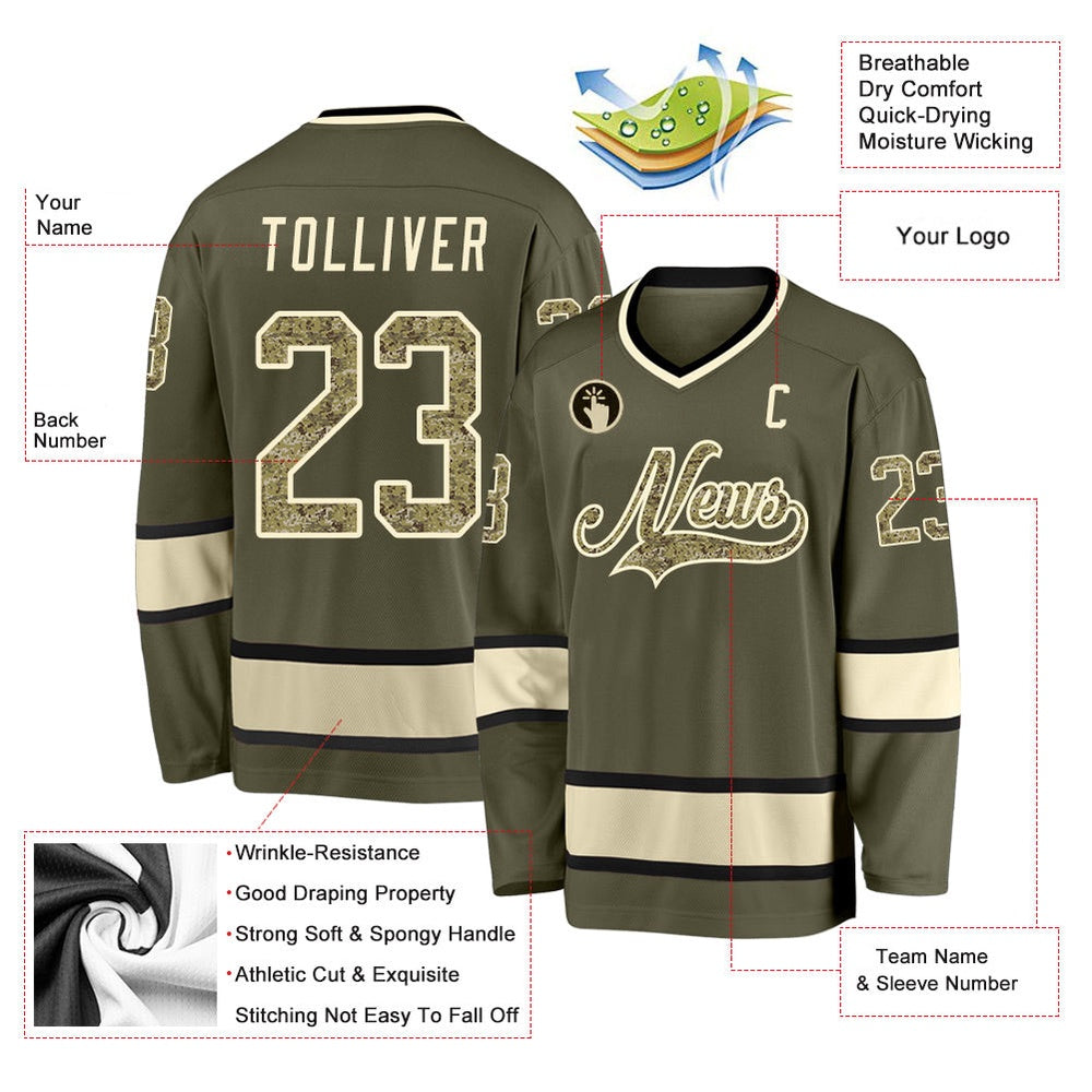 Usa Hockey Jersey, Custom Olive Camo Cream Salute To Service Hockey Jersey, Team Hockey Jerseys