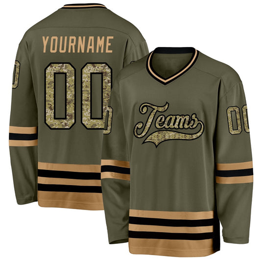 Usa Hockey Jersey, Custom Olive Camo Old Gold Salute To Service Hockey Jersey, Team Hockey Jerseys