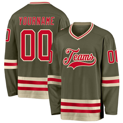 Usa Hockey Jersey, Custom Olive Red Cream Salute To Service Hockey Jersey, Team Hockey Jerseys