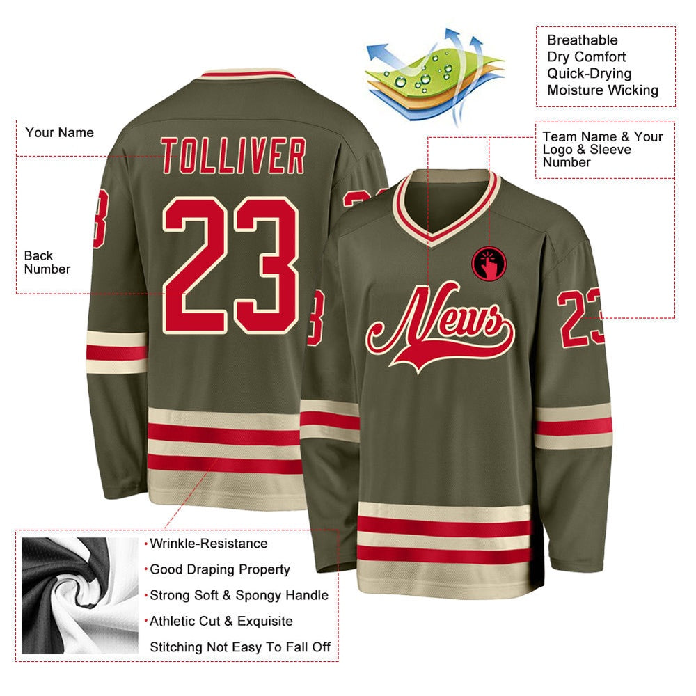 Usa Hockey Jersey, Custom Olive Red Cream Salute To Service Hockey Jersey, Team Hockey Jerseys
