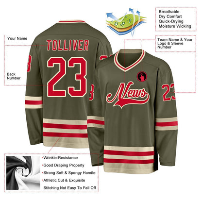 Usa Hockey Jersey, Custom Olive Red Cream Salute To Service Hockey Jersey, Team Hockey Jerseys