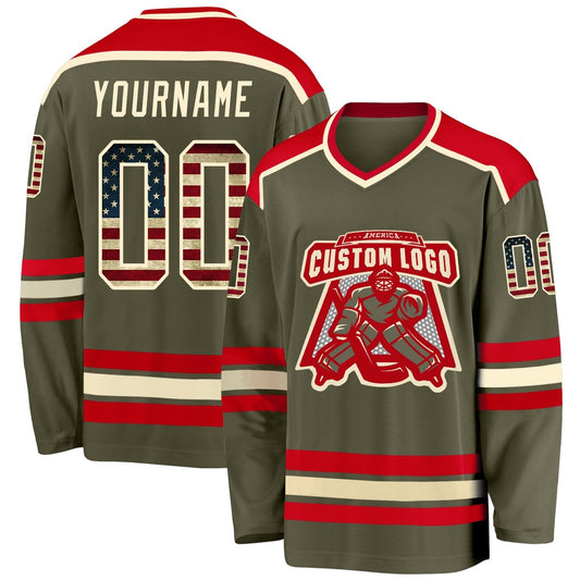 Usa Hockey Jersey, Custom Olive Vintage USA Flag Cream Red Salute To Service Hockey Jersey, Team Hockey Jerseys