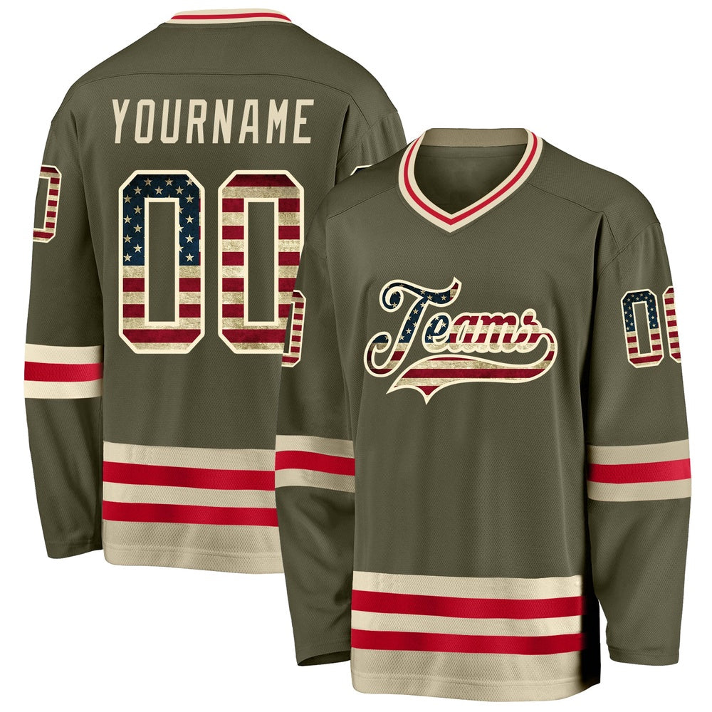 Usa Hockey Jersey, Custom Olive Vintage USA Flag Cream Salute To Service Hockey Jersey, Team Hockey Jerseys