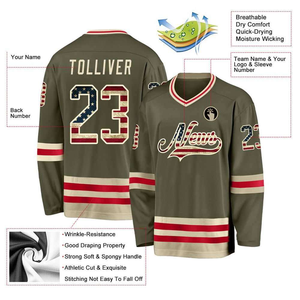Usa Hockey Jersey, Custom Olive Vintage USA Flag Cream Salute To Service Hockey Jersey, Team Hockey Jerseys