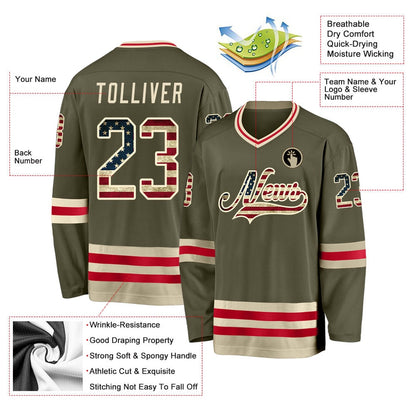 Usa Hockey Jersey, Custom Olive Vintage USA Flag Cream Salute To Service Hockey Jersey, Team Hockey Jerseys