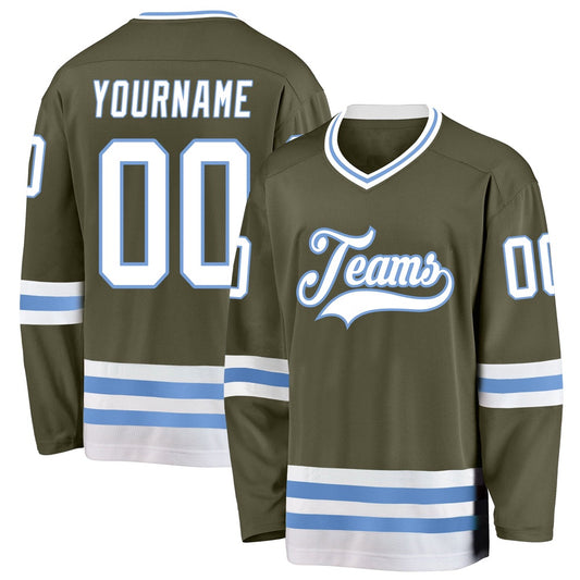 Usa Hockey Jersey, Custom Olive White Light Blue Salute To Service Hockey Jersey, Team Hockey Jerseys