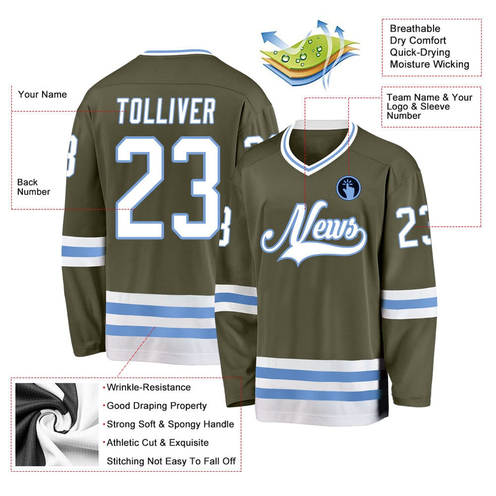 Usa Hockey Jersey, Custom Olive White Light Blue Salute To Service Hockey Jersey, Team Hockey Jerseys