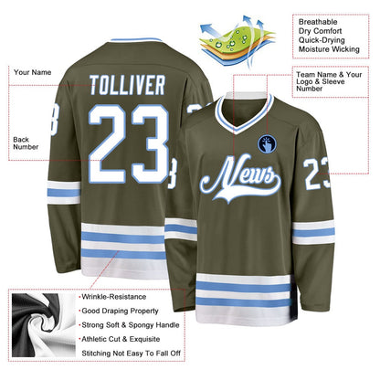 Usa Hockey Jersey, Custom Olive White Light Blue Salute To Service Hockey Jersey, Team Hockey Jerseys