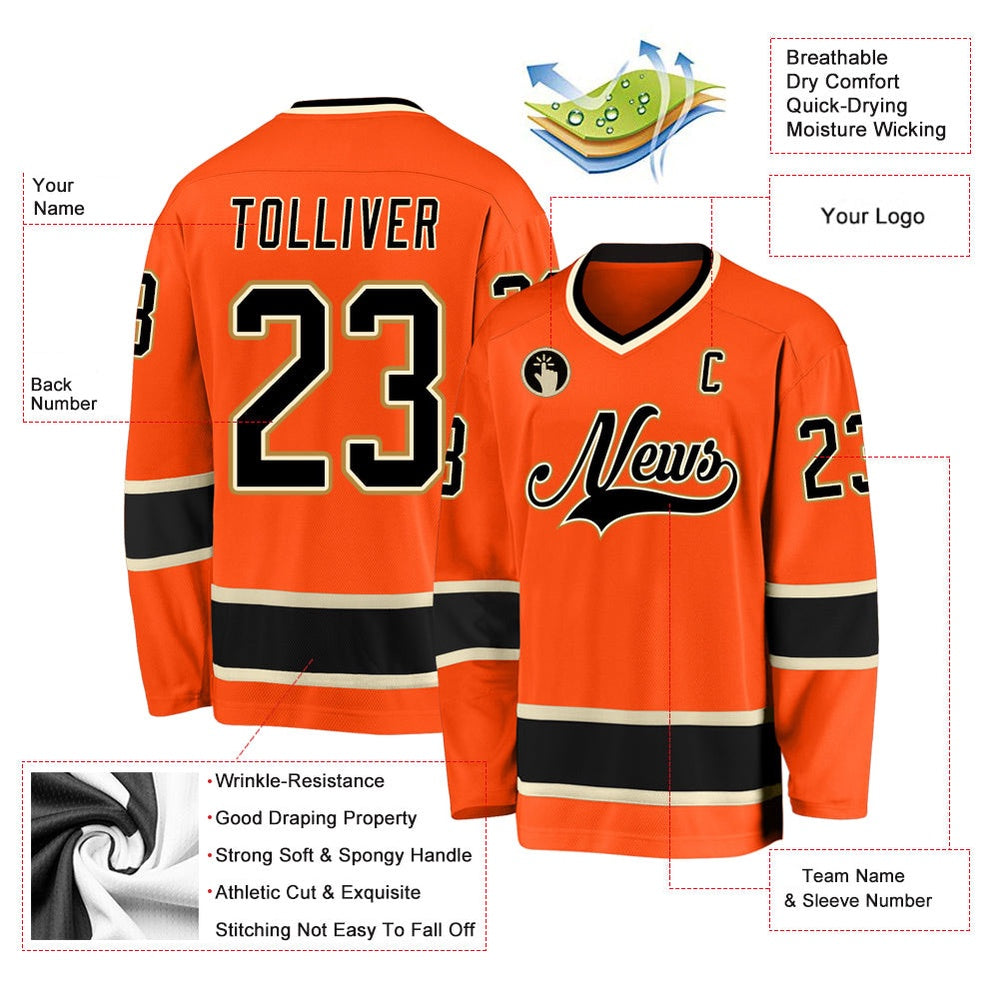 Usa Hockey Jersey, Custom Orange Black Cream Hockey Jersey, Team Hockey Jerseys