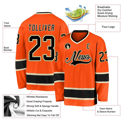Usa Hockey Jersey, Custom Orange Black Cream Hockey Jersey, Team Hockey Jerseys