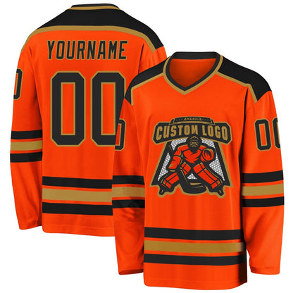 Usa Hockey Jersey, Custom Orange Black Old Gold Hockey Jersey, Team Hockey Jerseys