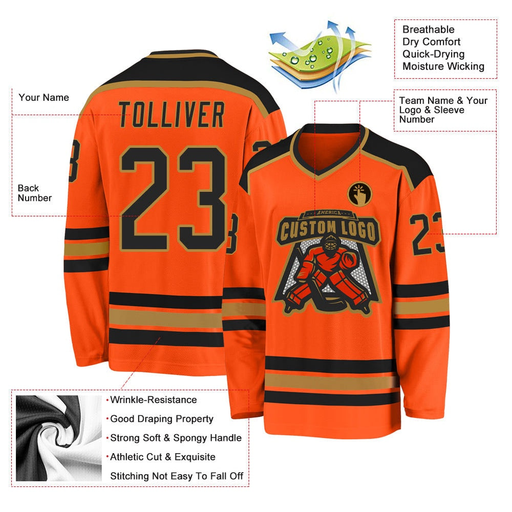 Usa Hockey Jersey, Custom Orange Black Old Gold Hockey Jersey, Team Hockey Jerseys
