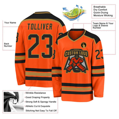 Usa Hockey Jersey, Custom Orange Black Old Gold Hockey Jersey, Team Hockey Jerseys