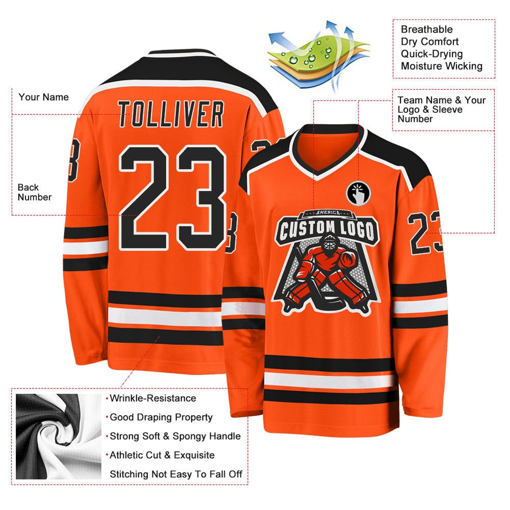 Usa Hockey Jersey, Custom Orange Black White Hockey Jersey, Team Hockey Jerseys