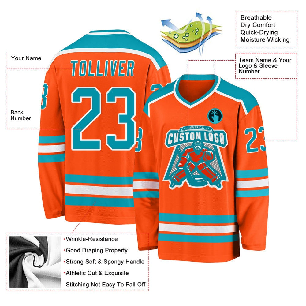 Usa Hockey Jersey, Custom Orange Teal White Hockey Jersey, Team Hockey Jerseys