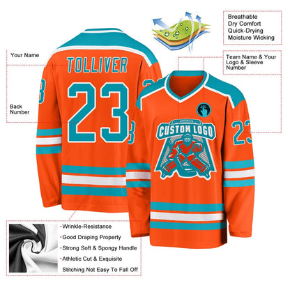 Usa Hockey Jersey, Custom Orange Teal White Hockey Jersey, Team Hockey Jerseys