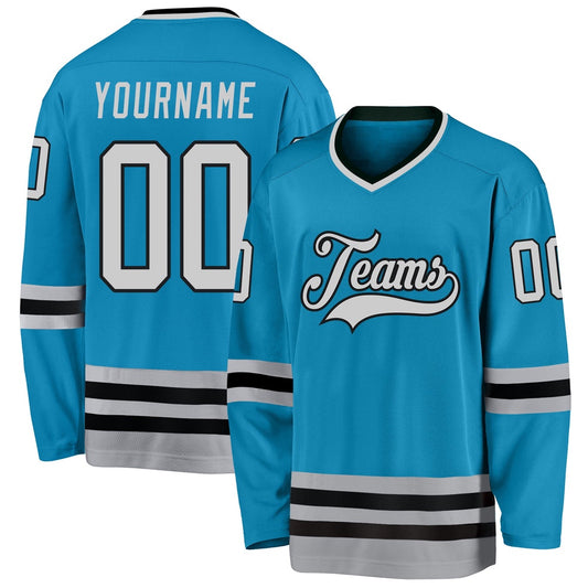 Usa Hockey Jersey, Custom Panther Blue Gray Black Hockey Jersey, Team Hockey Jerseys