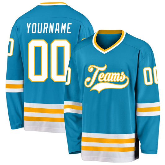 Usa Hockey Jersey, Custom Panther Blue White Gold Hockey Jersey, Team Hockey Jerseys