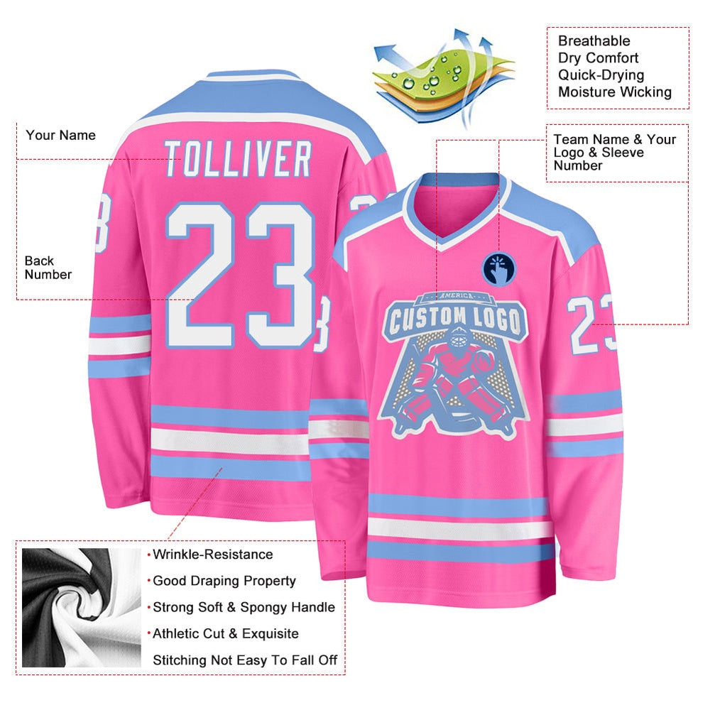 Usa Hockey Jersey, Custom Pink White Light Blue Hockey Jersey, Team Hockey Jerseys