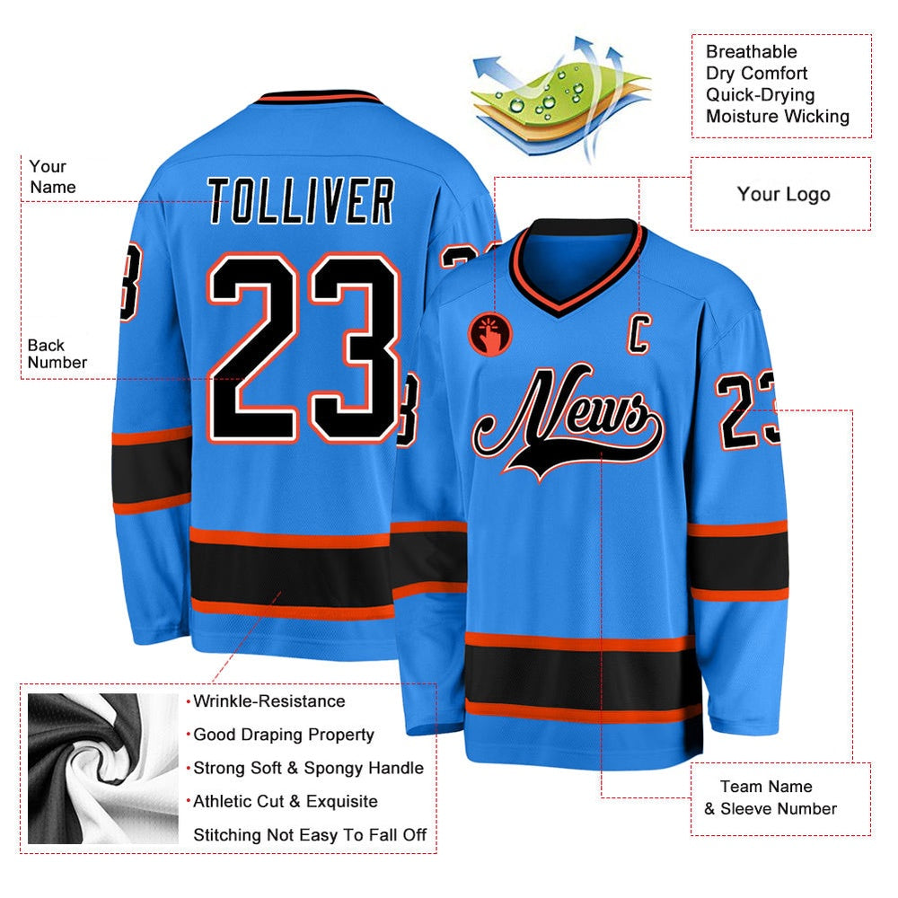 Usa Hockey Jersey, Custom Powder Blue Black Orange Hockey Jersey, Team Hockey Jerseys