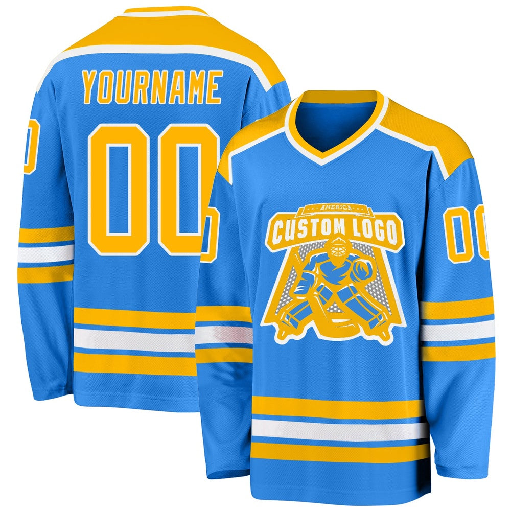 Usa Hockey Jersey, Custom Powder Blue Gold White Hockey Jersey, Team Hockey Jerseys