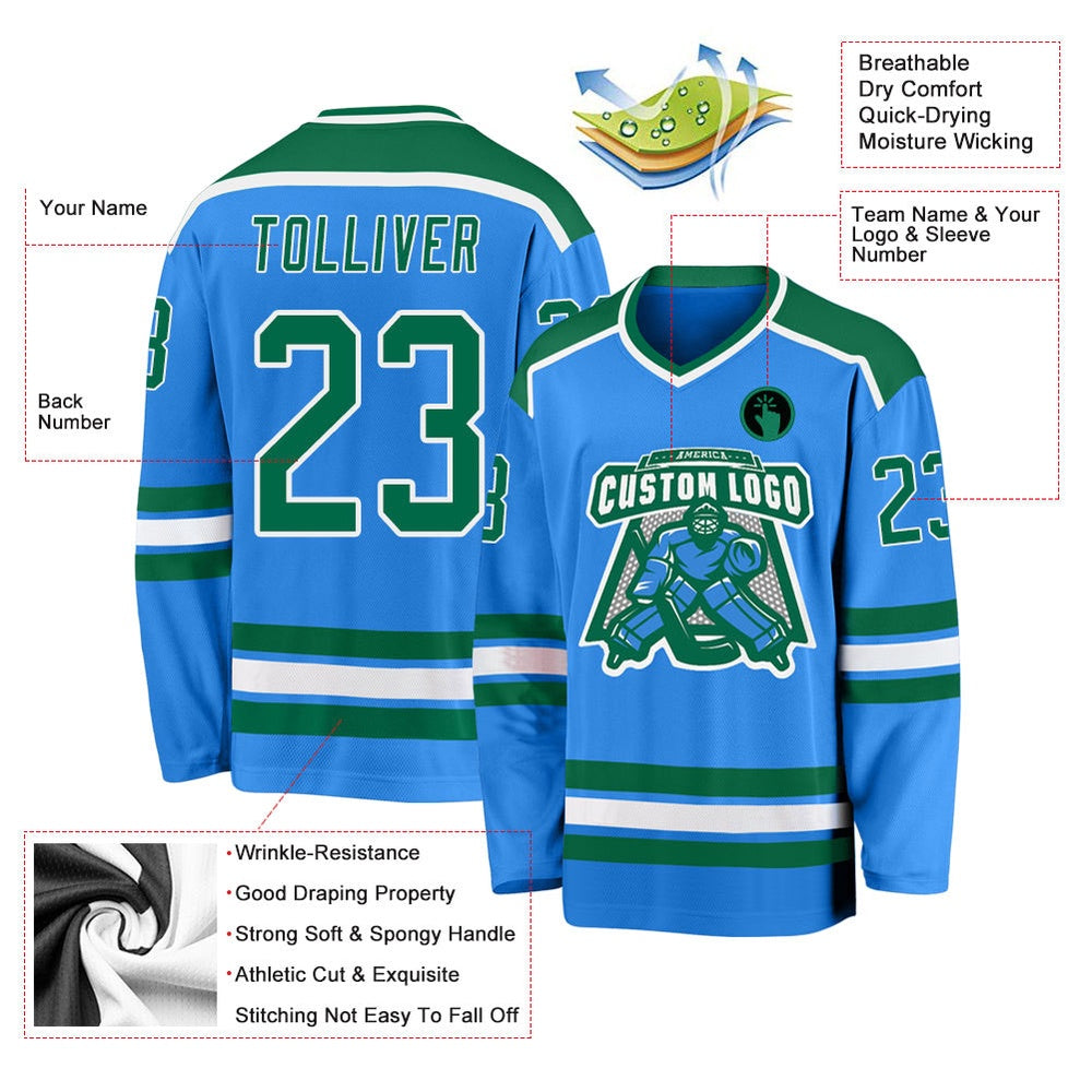 Usa Hockey Jersey, Custom Powder Blue Kelly Green White 1 Hockey Jersey, Team Hockey Jerseys