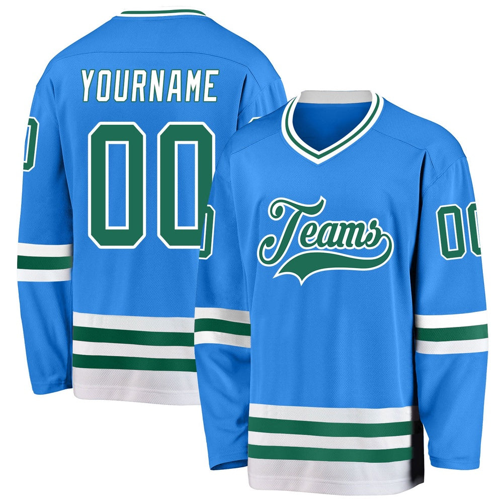 Usa Hockey Jersey, Custom Powder Blue Kelly Green White Hockey Jersey, Team Hockey Jerseys