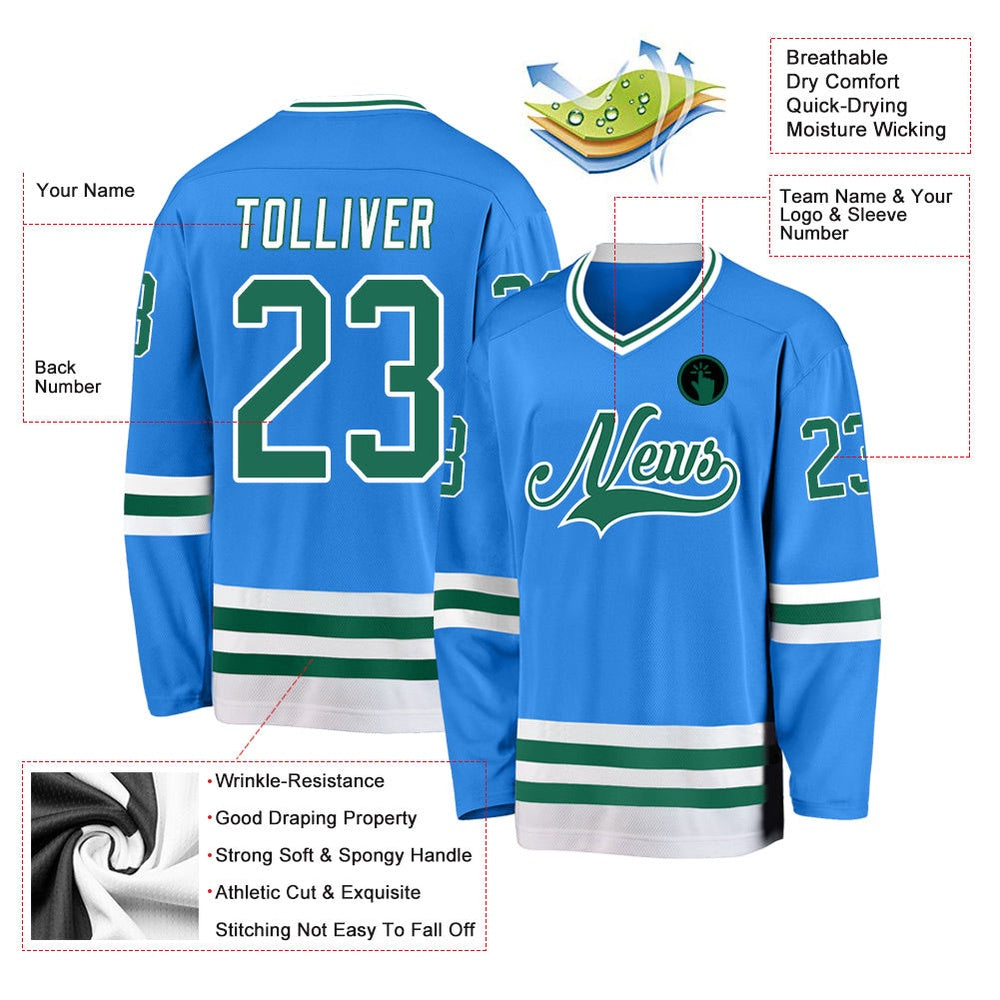 Usa Hockey Jersey, Custom Powder Blue Kelly Green White Hockey Jersey, Team Hockey Jerseys