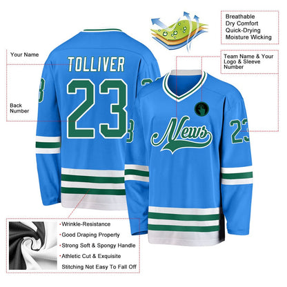 Usa Hockey Jersey, Custom Powder Blue Kelly Green White Hockey Jersey, Team Hockey Jerseys