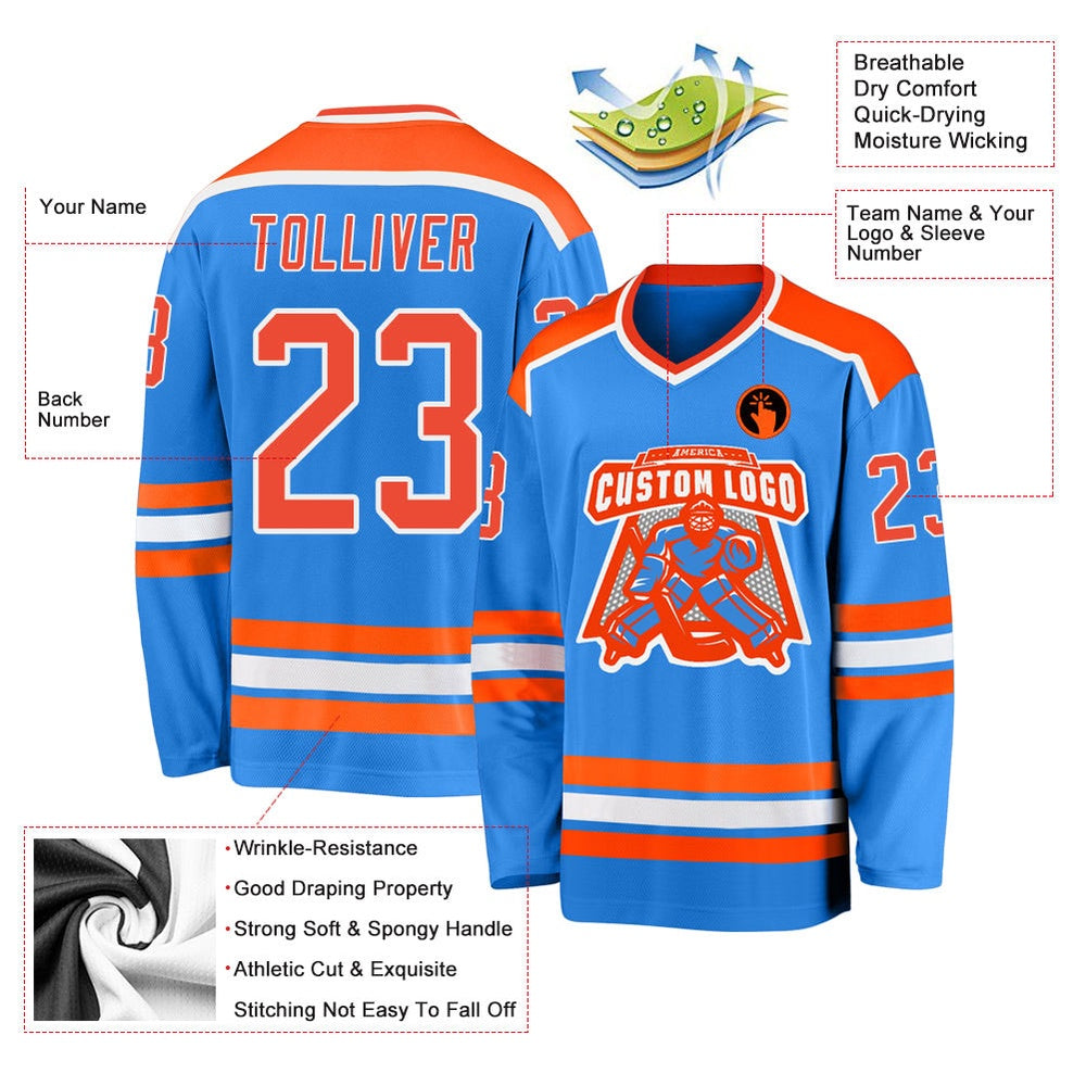 Usa Hockey Jersey, Custom Powder Blue Orange White Hockey Jersey, Team Hockey Jerseys