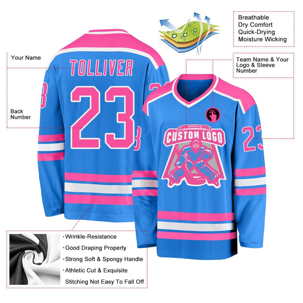 Usa Hockey Jersey, Custom Powder Blue Pink White Hockey Jersey, Team Hockey Jerseys