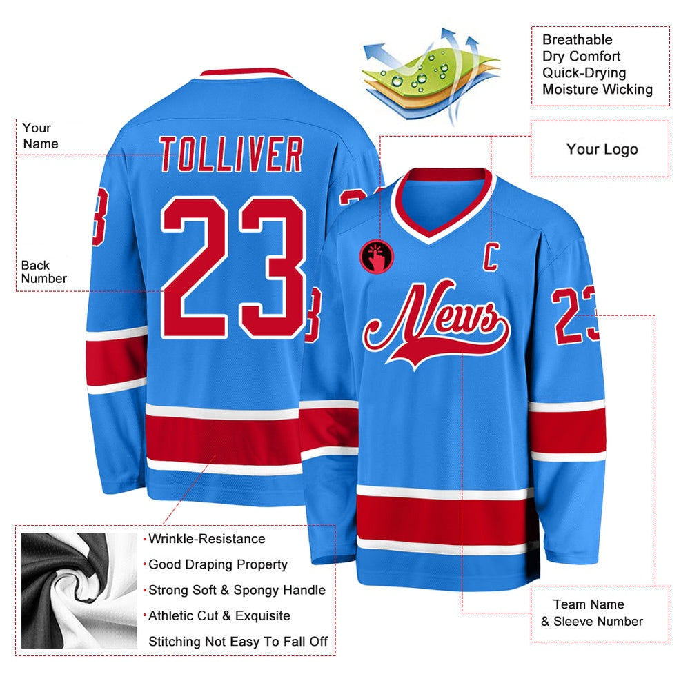 Usa Hockey Jersey, Custom Powder Blue Red White Hockey Jersey, Team Hockey Jerseys